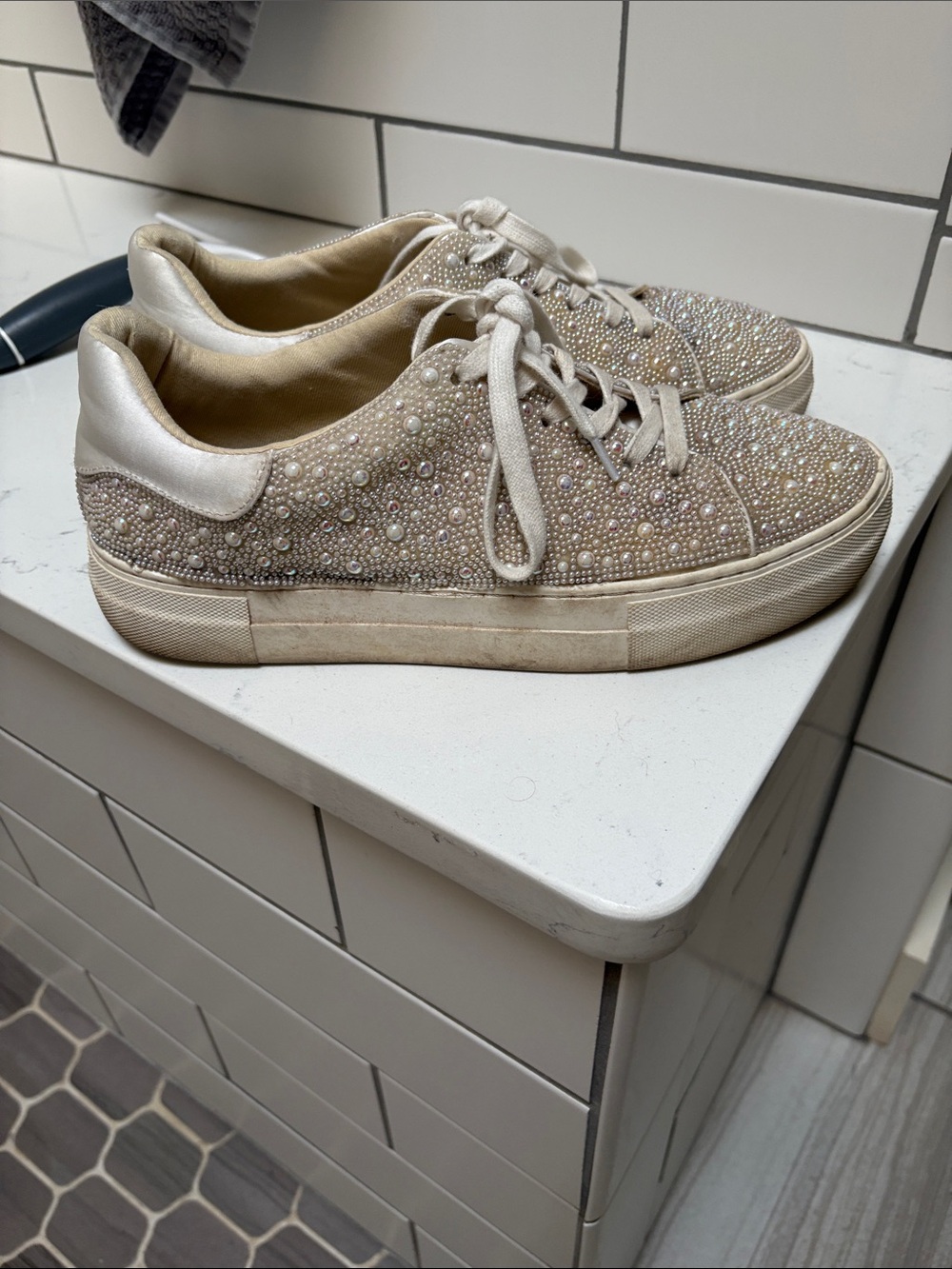 Betsey Johnson Beige Pearl & Crystal Embellished Sneakers - Picture 4 of 7
